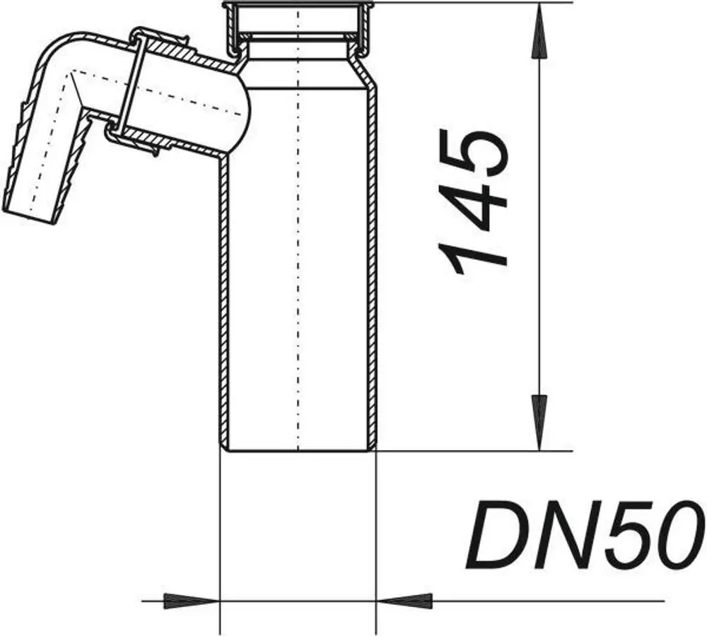 Dallmer Tauchrohr mit seitlichem Anschluss, zylindrischer Form und einer Höhe von 145 mm, gut sichtbar im technischen Zeichnungsstil.