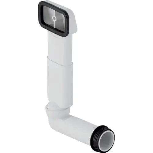 Geberit Überlauf Abgang, horizontal, mit Anschluss für Spülbecken. Das Produkt hat eine weiße Kunststoffoberfläche und eine gebogene Form.