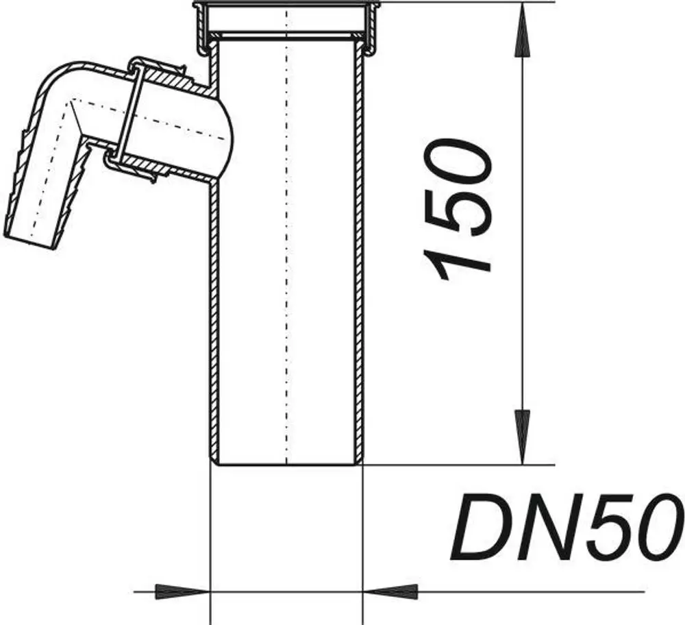 Dallmer Tauchrohr mit seitlichem Abgang. Zylinderförmige Gestaltung mit einem Durchmesser von DN 50. Darstellung der Maße und der Anschlussdetails.