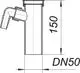 Dallmer Tauchrohr mit seitlichem Abgang. Zylinderförmige Gestaltung mit einem Durchmesser von DN 50. Darstellung der Maße und der Anschlussdetails.