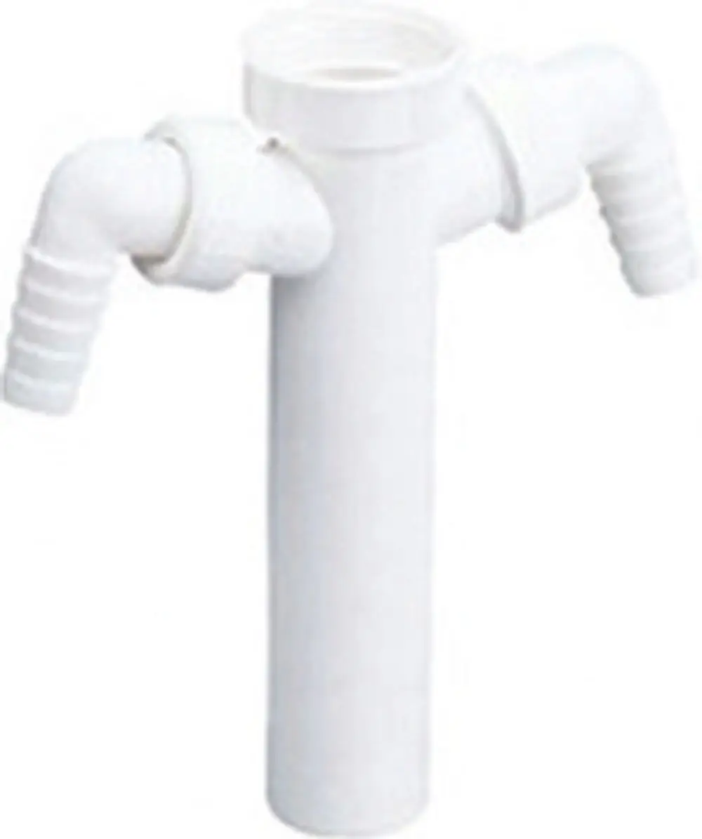 Weißes Tauchrohr von Dallmer mit zwei seitlichen Abgängen, geeignet für die Anbindung an Abwasserleitungen. Einfaches, funktionales Design.