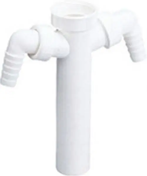 Weißes Tauchrohr von Dallmer mit zwei seitlichen Abgängen, geeignet für die Anbindung an Abwasserleitungen. Einfaches, funktionales Design.