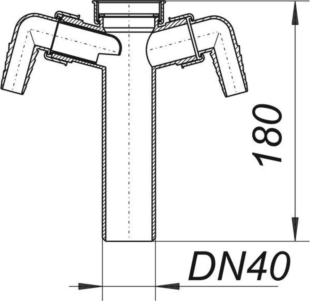 Dallmer Tauchrohr mit zwei seitlichen Abgängen, vertikaler Schnittansicht. Rohrdurchmesser DN 40, Länge 180 mm.