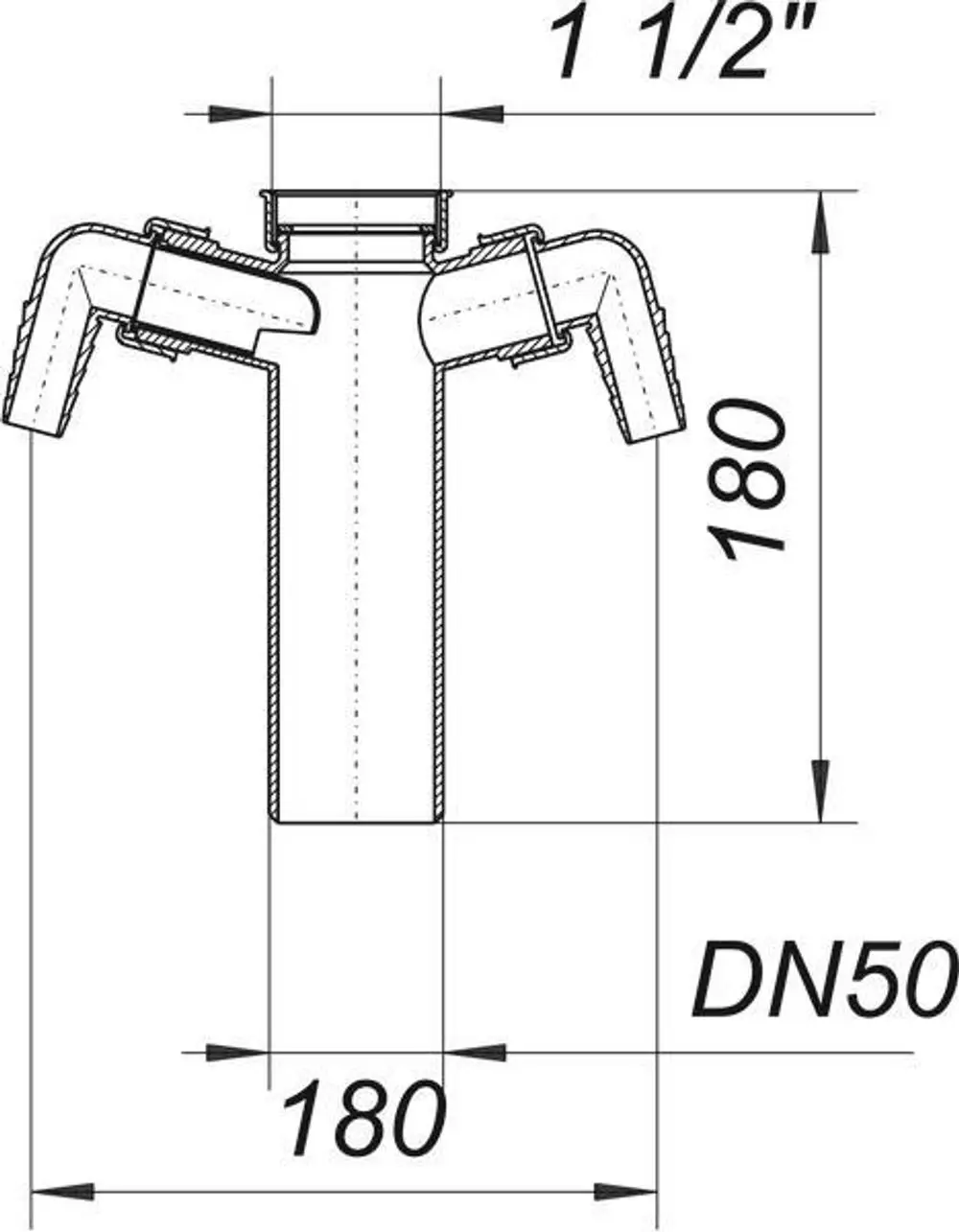 Dallmer Tauchrohr mit zwei seitlichen Anschlüssen, auf einer technischen Zeichnung skizziert, einschließlich Maßangaben und DN 50.