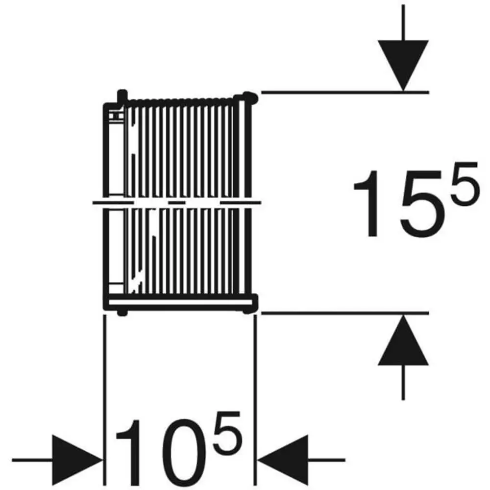 Geberit Verlängerungsset, schematische Darstellung mit vertikalen Streben und Maßangaben von 10 und 15, zur Anwendung im Bau- oder Sanierungsbereich.