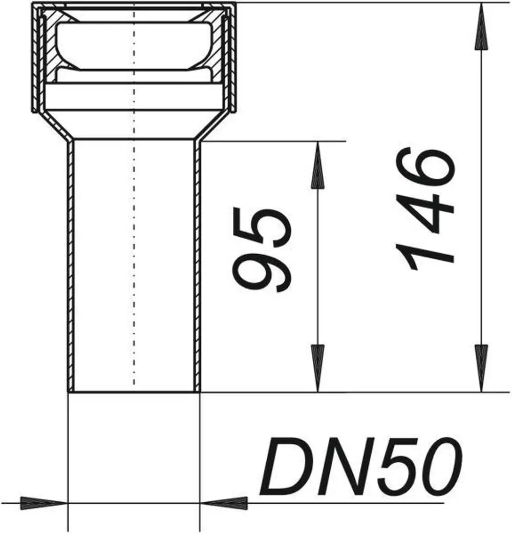 Dallmer Steckmuffe mit durchgehendem Zylinderdesign und spezifischen Maßen, schematisch dargestellt mit Höhen- und Durchmesserangaben.