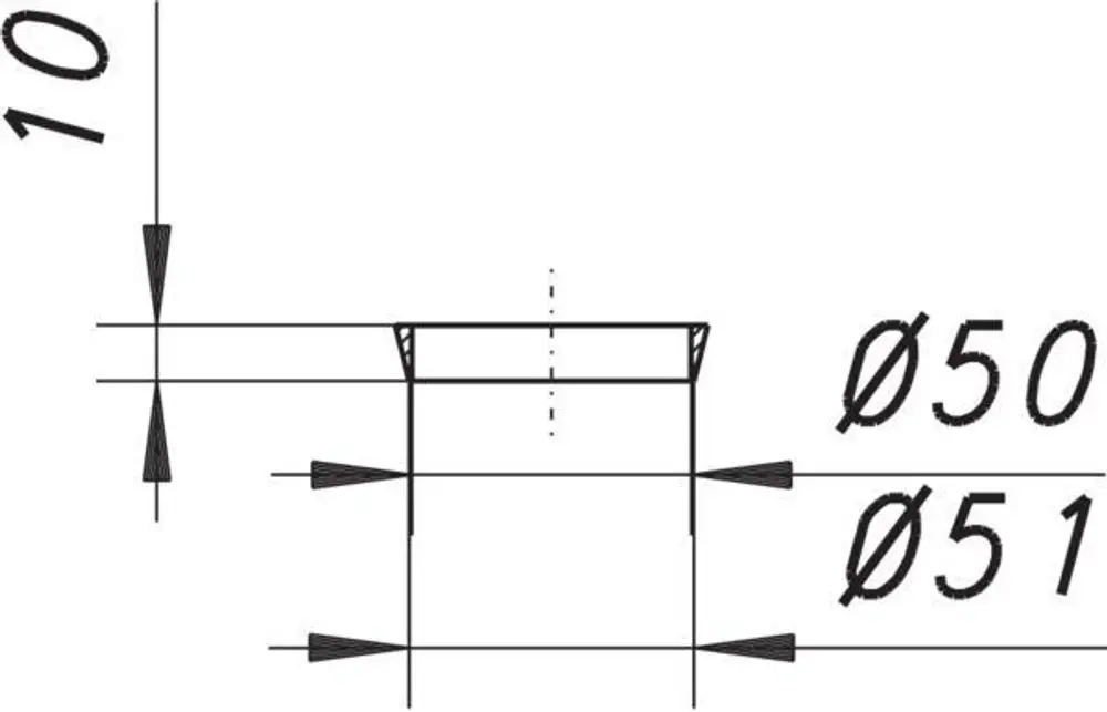 Dallmer Dichtungselement mit einem Durchmesser von Ø50 und Ø51. Abmessungen und Form werden grafisch dargestellt. Technische Zeichnung im Detail.