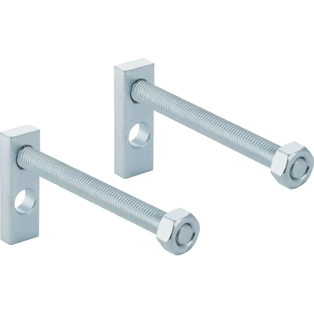 Zwei gekröpfte Gewindestangen mit hexagonalen Schraubenköpfen und Montageplatten, gefertigt von Geberit. Ideal für verschiedene Befestigungsanwendungen.