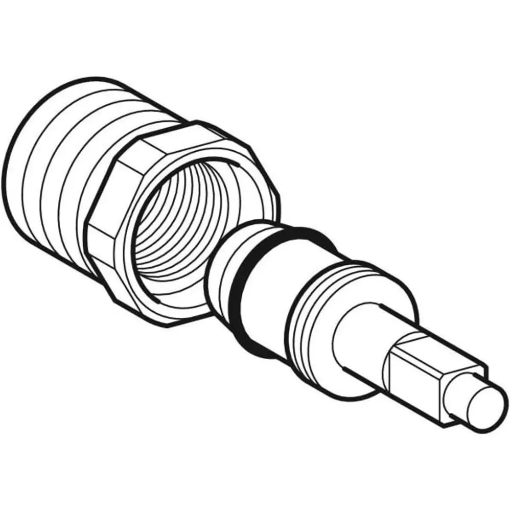 Geberit Spindel für ein Eckventil, bestehend aus einer geriffelten Mutter und einem angeschlossenen Stift, der zur Einstellung des Wasserdurchflusses dient.