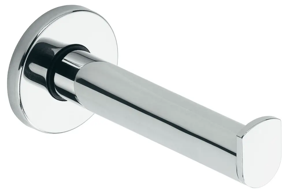 Verchromter Rollenhalter von Keuco, schlichte, runde Wandmontage mit einem horizontalen, leicht abgerundeten Ende zum Halten von Toilettenpapierrollen.