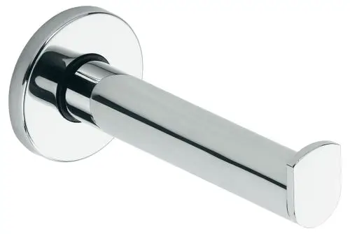 Verchromter Rollenhalter von Keuco, schlichte, runde Wandmontage mit einem horizontalen, leicht abgerundeten Ende zum Halten von Toilettenpapierrollen.