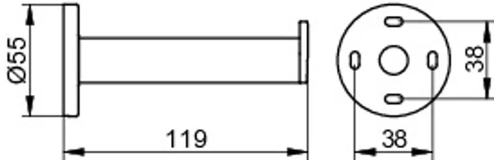 Keuco Ersatzrollenhalter in verchromtem Finish. Das Produkt zeigt eine zylindrische Form mit Durchmessern und Befestigungslöchern auf einer flachen Basis.
