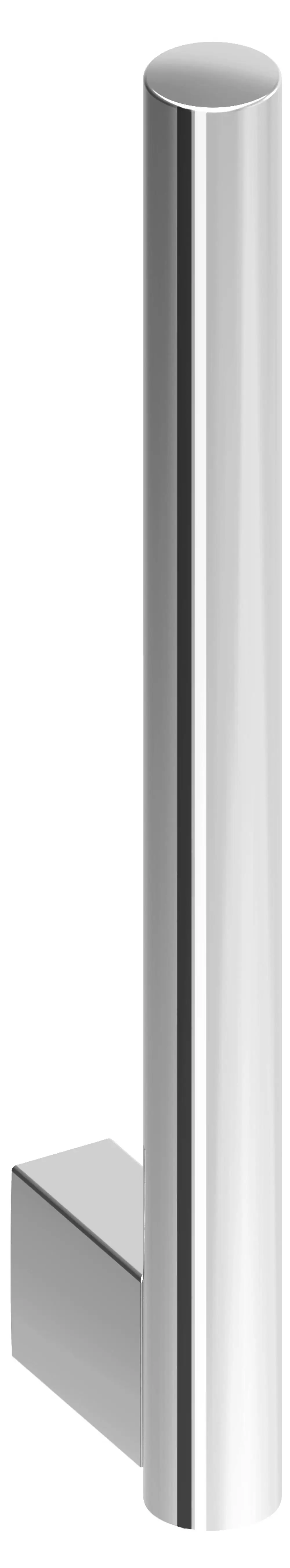 Verchromter Rollenhalter von Keuco mit einem langen, zylindrischen Design und einem rechteckigen Sockel. Geeignet für die Montage in Badezimmern.