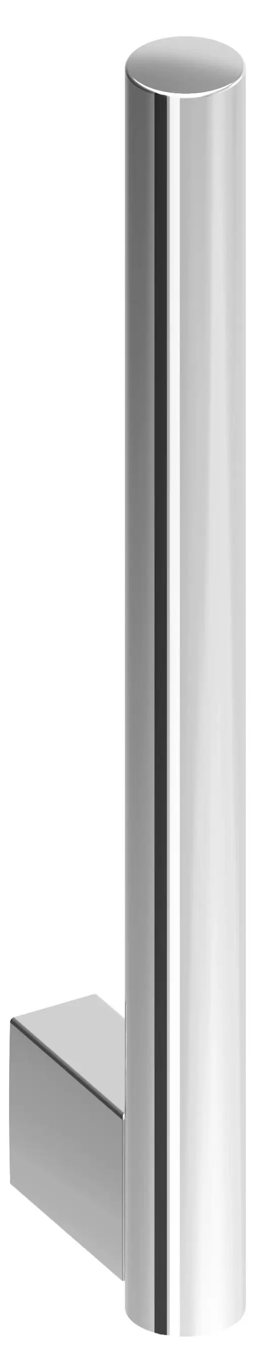 Verchromter Rollenhalter von Keuco mit einem langen, zylindrischen Design und einem rechteckigen Sockel. Geeignet für die Montage in Badezimmern.