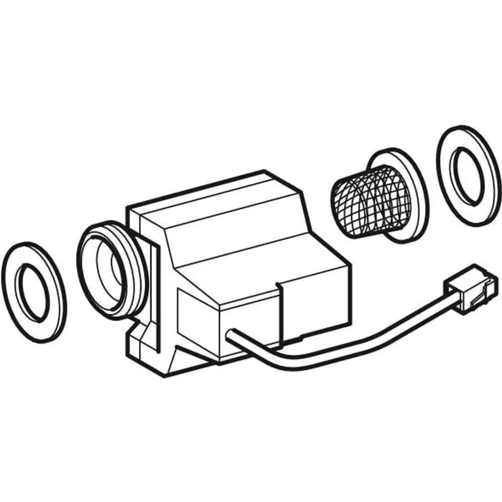 Geberit Magnetventil mit abnehmbaren Teilen für Anschluss und Filter, abgebildet in einer schematischen Darstellung.