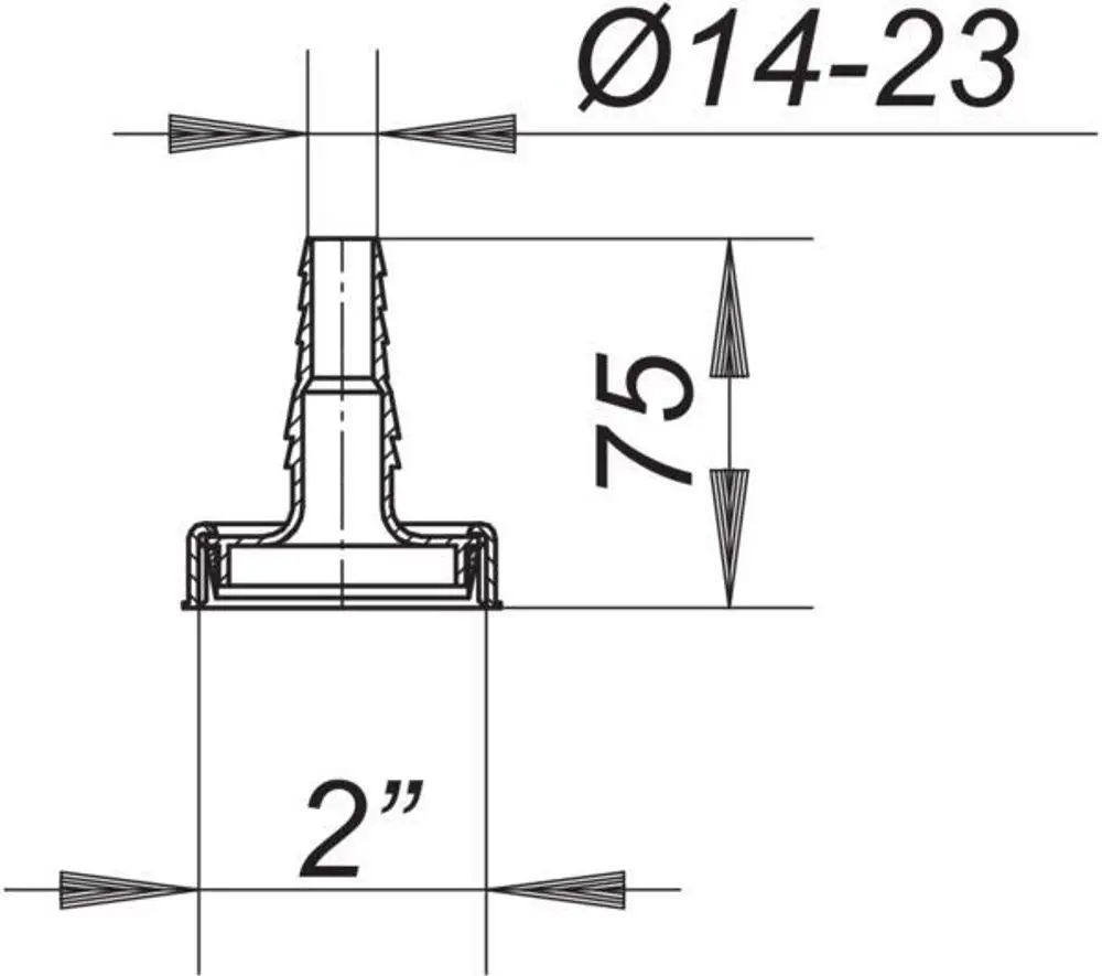 Geometrische Darstellung einer Schlauchtülle von Dallmer mit Innenmaß 14-23 mm und einer Gesamtlänge von 75 mm, abgebildet mit Maßangaben.