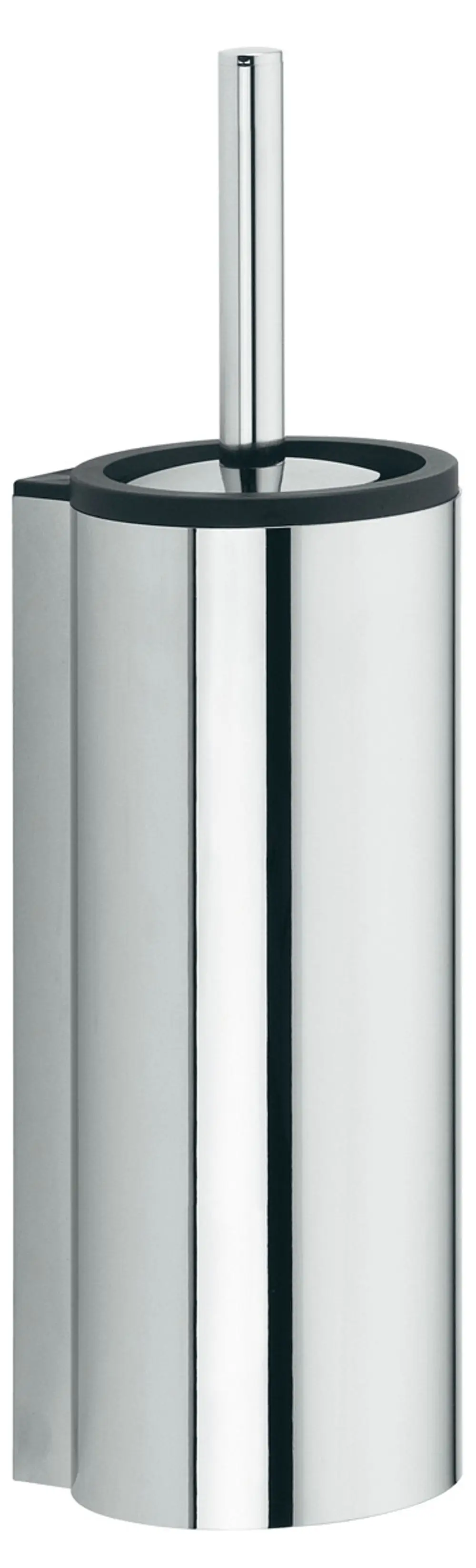 Keuco Plan Toilettenbürstenhalter aus glänzendem Metall mit abgerundeter Form und integriertem Bürstengriff, montiert an der Wand.