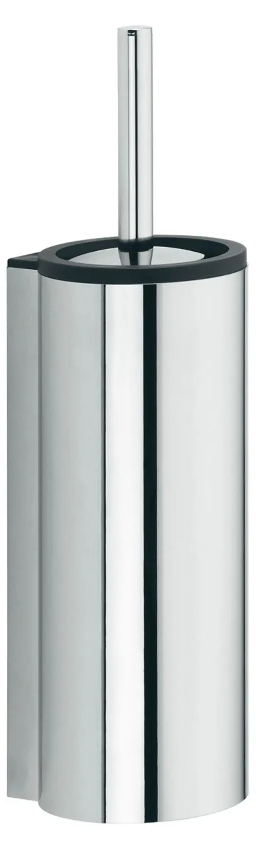Keuco Plan Toilettenbürstenhalter aus glänzendem Metall mit abgerundeter Form und integriertem Bürstengriff, montiert an der Wand.