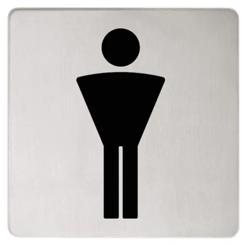 Türschild von Keuco mit grafischer Darstellung einer männlichen Person auf einem rechteckigen, metallischen Hintergrund.