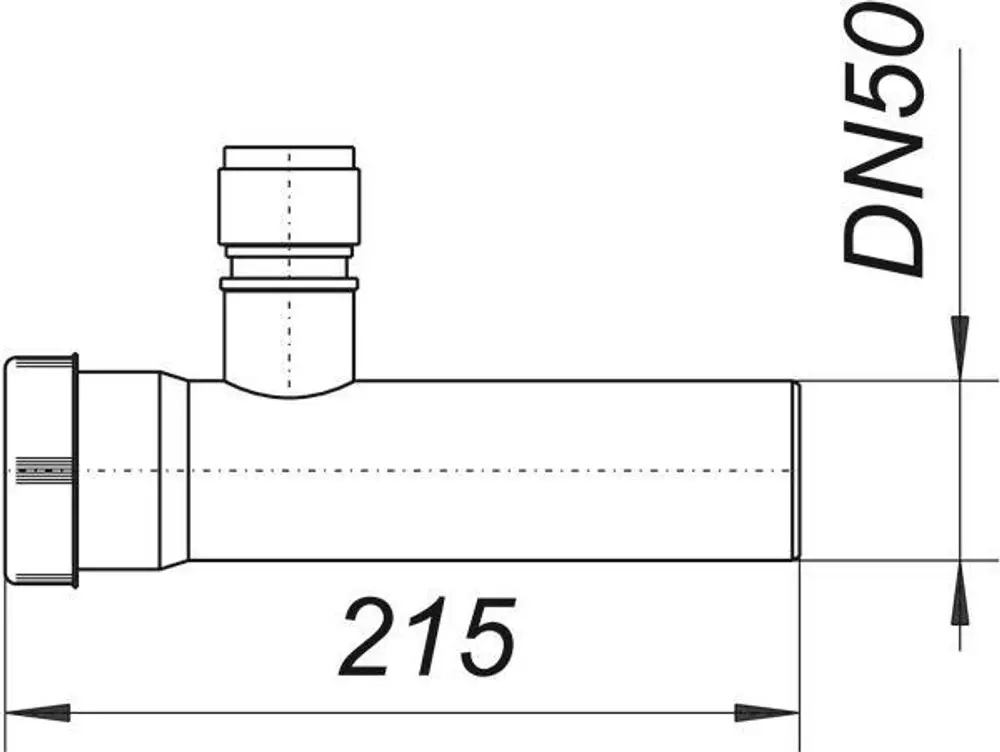 Dallmer Verlängerungsrohr mit Belüfter, horizontal angeordnet, hat eine gerade Form und eine Anschlussgröße von DN 50. Sichtbare Maße: 215 mm Länge.
