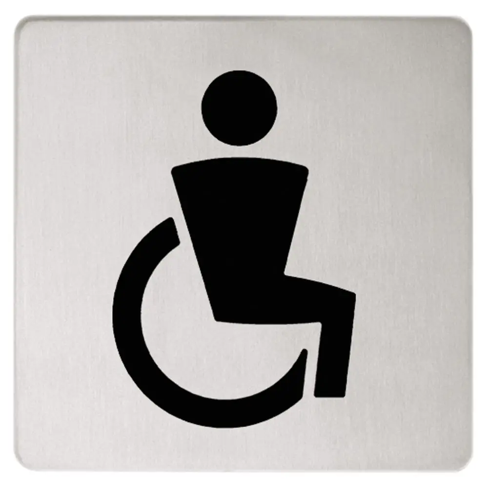 Symbol für ein barrierefreies WC in schwarzer Farbe auf metallischem Untergrund, mit Menschensymbol und Rollstuhl, hergestellt von Keuco.