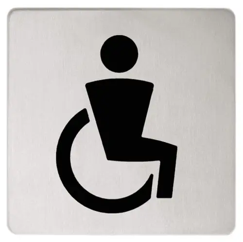 Symbol für ein barrierefreies WC in schwarzer Farbe auf metallischem Untergrund, mit Menschensymbol und Rollstuhl, hergestellt von Keuco.