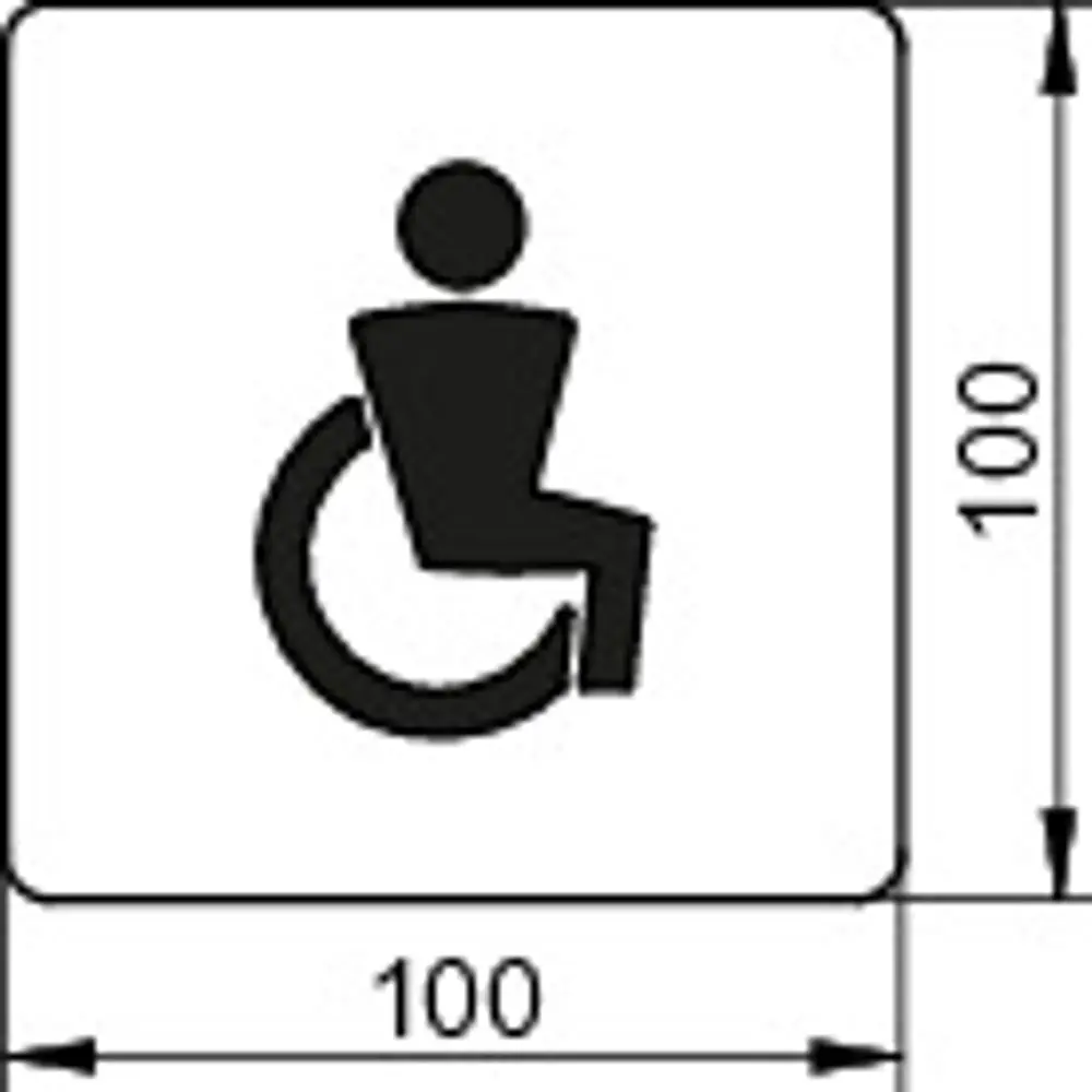 Schwarzes Piktogramm für barrierefreies WC, gezeigt durch eine sitzende Person im Rollstuhl, auf weißem Hintergrund. Markenlogo von Keuco nicht sichtbar.