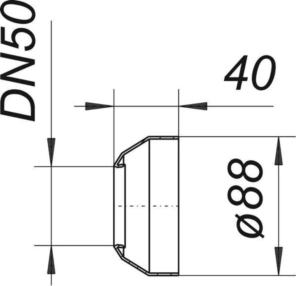 Dallmer Wandrosette mit einem Durchmesser von 88 mm und einer Höhe von 40 mm, gefertigt für DN 50 Rohranschlüsse, skizziert in technischen Zeichnungen.