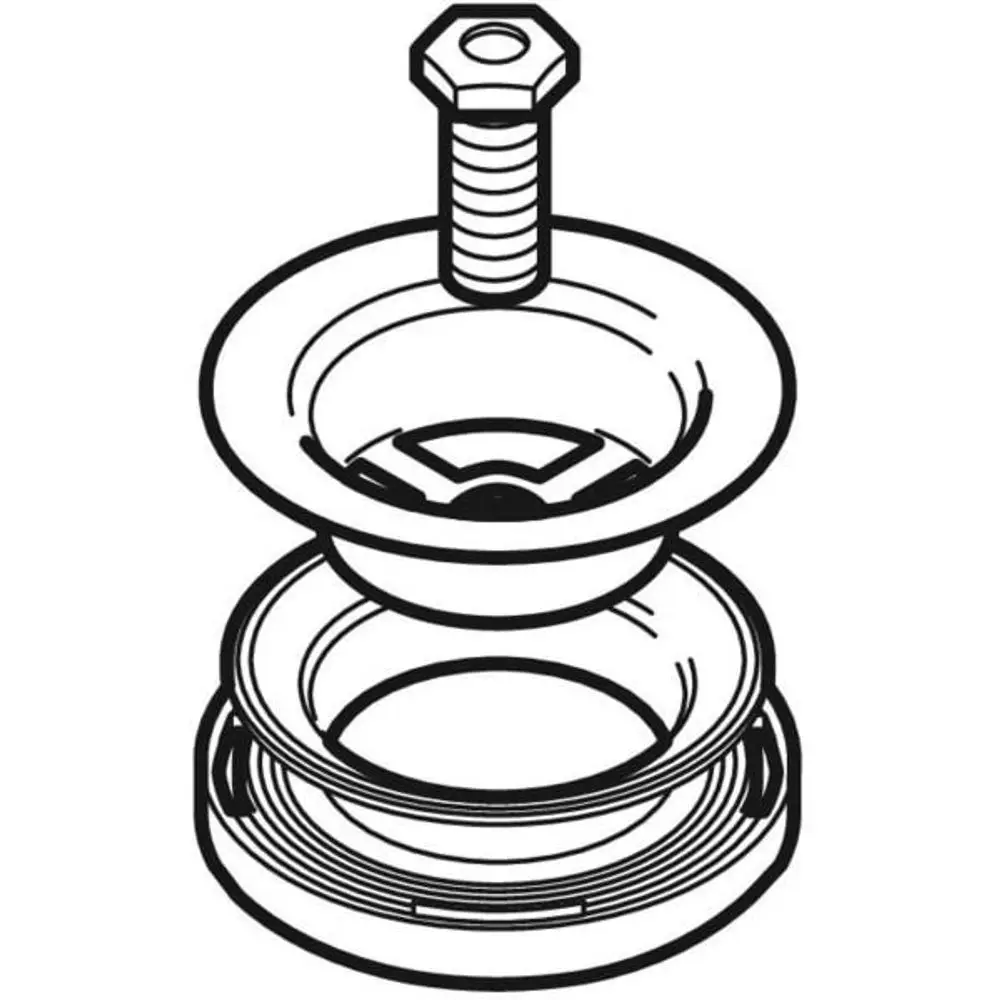 Ablaufventil mit einer oberen Abdeckung und Gewinde für die Montage. Produkt von Geberit. Enthält einen inneren Mechanismus zur Regulierung des Wasserflusses.