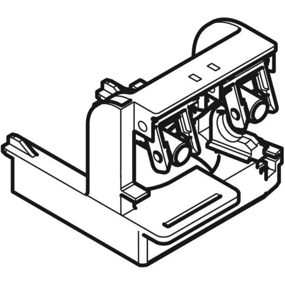 Lagerbock von Geberit für eine Spülgarnitur. Abgebildet ist die Halterung mit verschiedenen mechanischen Teilen und einer Plattform zur Montage.