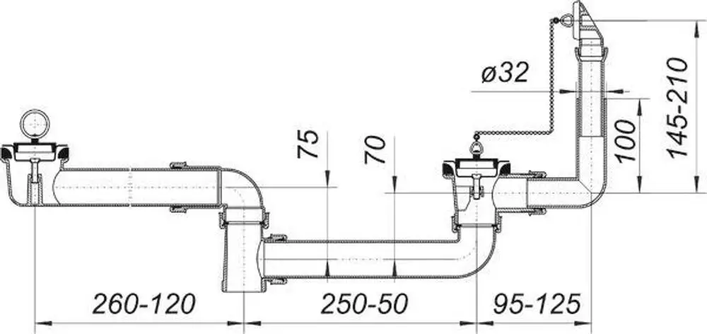 Dallmer Ab- und Überlauf-Set mit verschiedenen Rohrleitungen, Ventilen und einem Manometer, abgebildet in technischer Zeichnung.