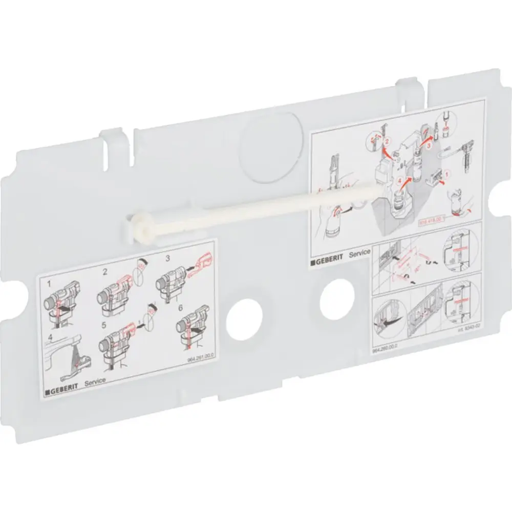 Schutzplatte mit Montageanleitung für einen Geberit Twinline UP-Spülkasten, dargestellt mit nummerierten Schritten und Diagrammen zur Installation.