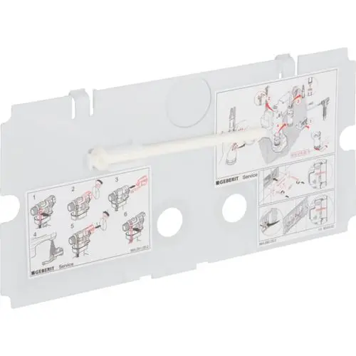 Schutzplatte mit Montageanleitung für einen Geberit Twinline UP-Spülkasten, dargestellt mit nummerierten Schritten und Diagrammen zur Installation.