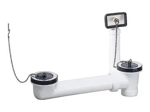 Dallmer Ab- und Überlauf-Set mit zwei Ketten, bestehend aus einem weißen Abflussrohr und zwei Einlaufdeckeln mit jeweiligen Betätigungsmechanismen.