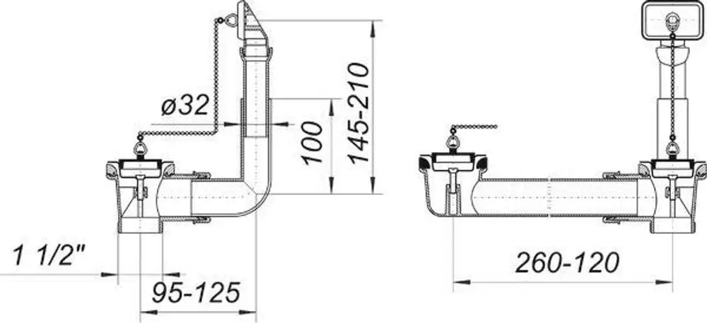 Dallmer Ab- und Überlauf-Set mit zwei Ketten, bestehend aus unterschiedlichen Rohrverbindungen und Zubehör zur Installation in Sanitäranlagen.