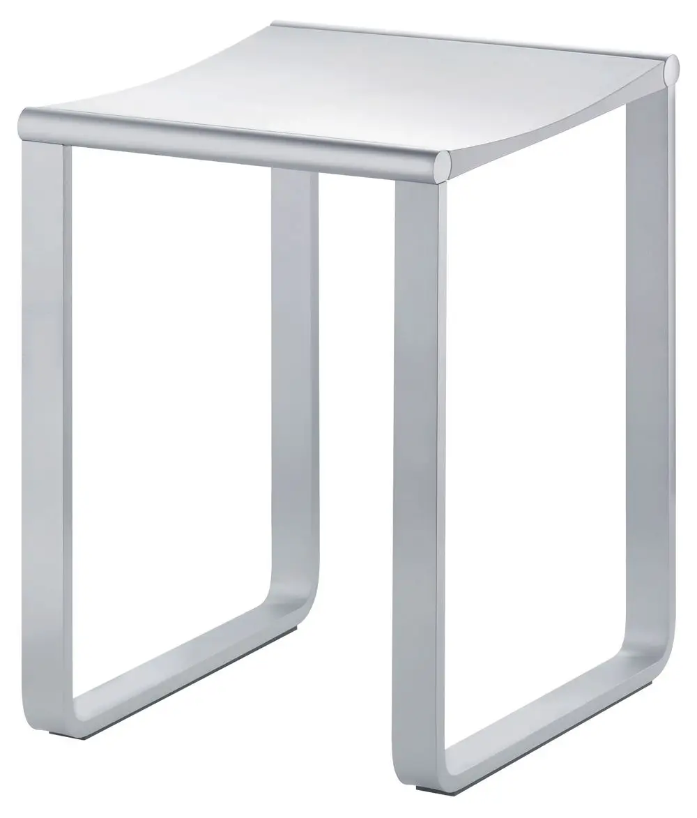 Hocker mit einem verchromten Gestell und einer dunklen Sitzfläche, geeignet für Badezimmer. Entwurf von Keuco mit modernem und funktionalem Design.