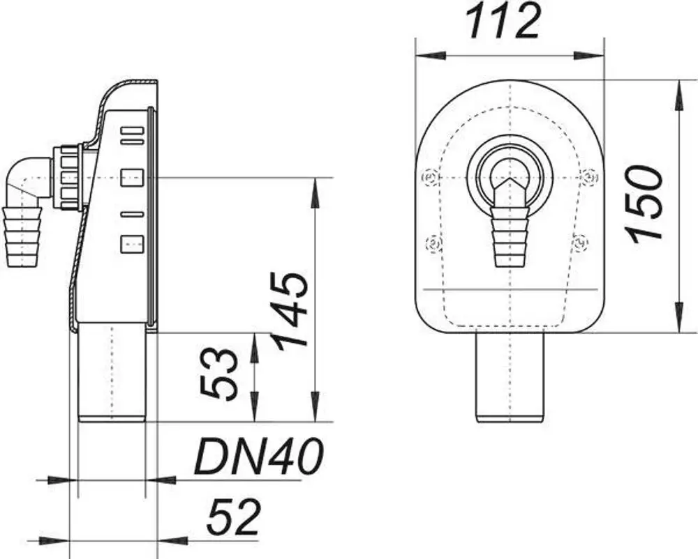 Dallmer Waschgeräte-Siphon mit seitlichem Anschluss und unterschiedlichen Höhenmaßen, dargestellt in Seiten- und Draufsicht. Anschluss DN 40 sichtbar.