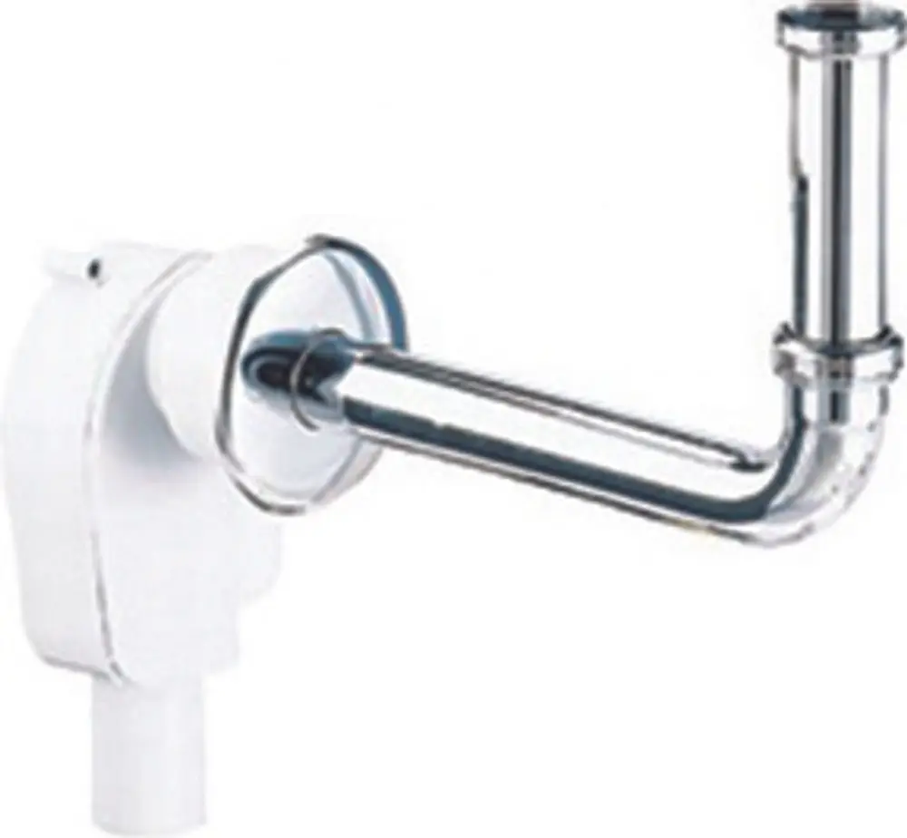Dallmer-Siphon mit vertikalem Rohr und Anschlussstück. Das Produkt zeigt eine Kombination aus weißen und metallischen Elementen für die Wandmontage.