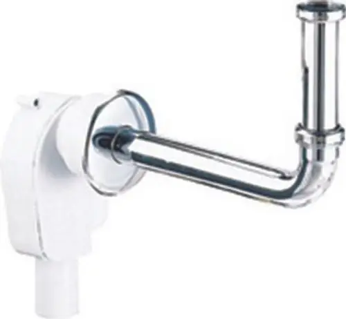 Dallmer-Siphon mit vertikalem Rohr und Anschlussstück. Das Produkt zeigt eine Kombination aus weißen und metallischen Elementen für die Wandmontage.