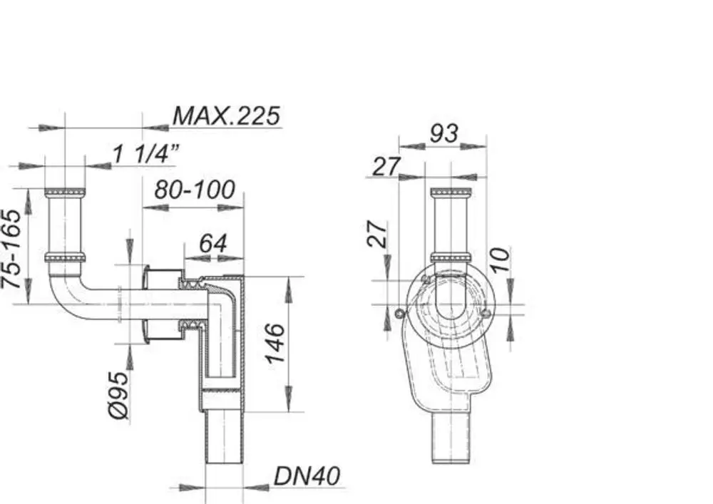 Dallmer Wandeinbau-Siphon, mit zwei Rohren, sichtbar mit Abmessungen, einschließlich der angeschlossenen Teile und einer maximalen Höhe, skizziert in technischer Zeichnung.