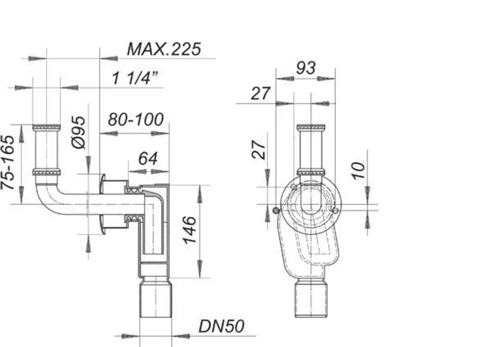 Dallmer Wandeinbau-Siphon mit gebogenem Ablauf, einschließlich Maßen und Anschlüssen. Darstellung der Seitenansicht und der speziellen Konstruktionselemente.