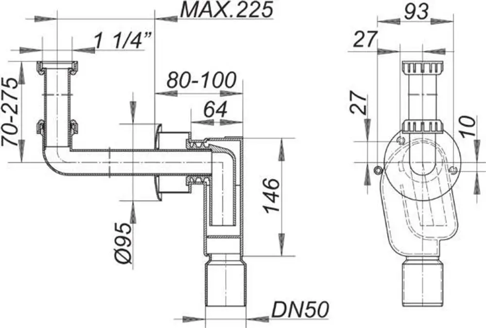 Dallmer Siphon mit verschiedenen Anschlussmöglichkeiten und Maßen, dargestellt in einer technischen Zeichnung mit klaren Dimensionen und Montagehinweisen.