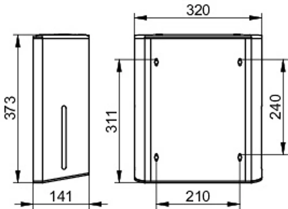 Ein Papiertuchspender von Keuco in rechteckiger Form mit einer schlichten Oberfläche, montierbar an der Wand, gezeigt in Seitenansicht und Draufsicht mit Maßangaben.