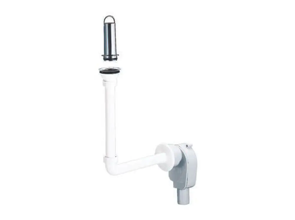 Dallmer Wandeinbau-Siphon in einer Kombination aus weißen und grauen Kunststoffelementen, bestehend aus einem Siphonrohr und einem Abflussanschluss.