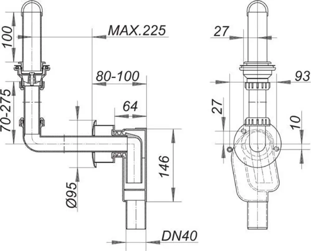 Dallmer Siphon mit zwei Rohren, einem vertikalen und einem horizontalen Abschnitt, dargestellt in technischer Zeichnung mit verschiedenen Maßen und DN40 Anschluss.