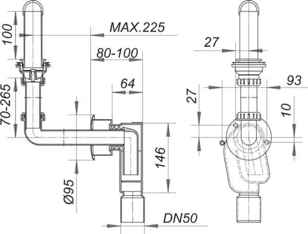 Dallmer Siphon mit gebogenem Rohr und Anschluss, zeigt verschiedene Maße und Anschlussgrößen zur Wandmontage, geeignet für den Einsatz bei Abwasserinstallationen.