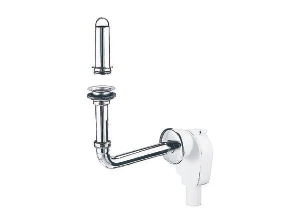 Dallmer Siphon mit flexibler Ausführung, bestehend aus verchromtem Metallrohrsystem und Anschlussstück, zur Wandmontage im Badezimmer oder Küchenbereich.