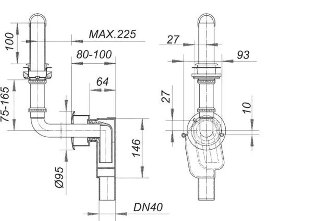Dallmer Wandeinbau-Siphon mit gewinkeltem Anschluss, rohrförmiger Gestaltung und mehreren definierten Abmessungen, sichtbar in der technischen Zeichnung.