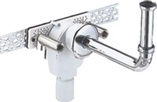 Dallmer Wandeinbau-Siphon mit chromierter Oberfläche, ausgestattet mit einem seitlichen Abfluss und einem senkrechten Rohr zum Anschluss an die Kanalisation.