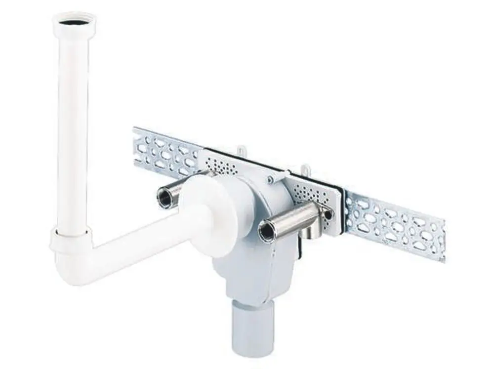 Dallmer Wandeinbau-Siphon mit horizontalen und vertikalen Rohren zur Verbindungsherstellung, in weiß und grauem Kunststoff, für die Wandmontage geeignet.